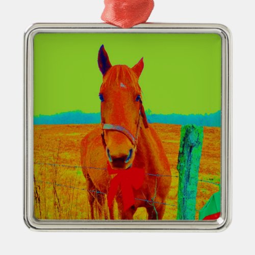 Green sky  red bow Horse  add name Metal Ornament