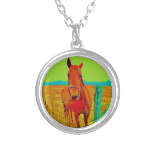 Green sky  red bow Horse  add name Silver Plated Necklace