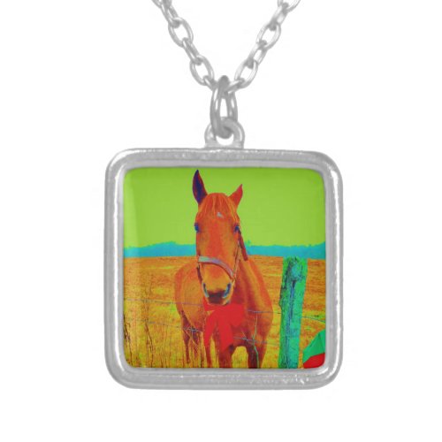 Green sky  red bow Horse  add name Silver Plated Necklace