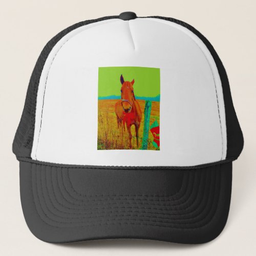 Green sky  red bow Horse  add name Trucker Hat
