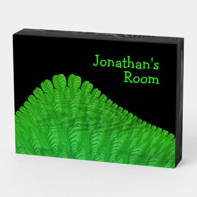 Green Sleeping Dinosaur Fractal Boys Name Bedroom Wooden Box Sign (Angled Horizontal)