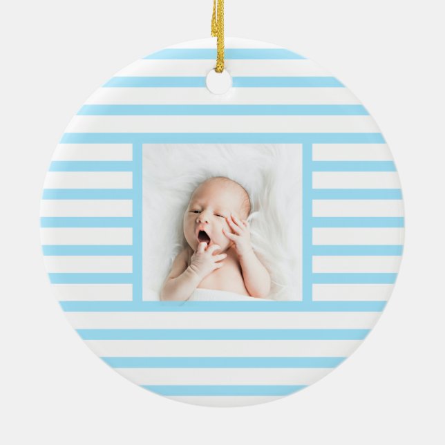 Green Sleepy Baby Dino | Baby Blue Stripe Modern Ceramic Ornament (Back)