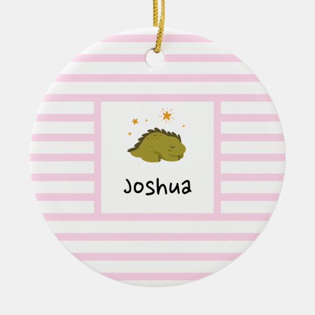 Green Sleepy Baby Dino | Baby Pink Stripe Modern Ceramic Ornament (Front)