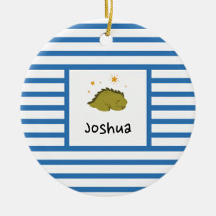 Green Sleepy Baby Dino Navy Blue Stripe Modern Ceramic Ornament