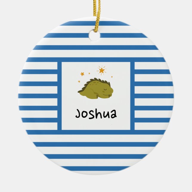 Green Sleepy Baby Dino | Navy Blue Stripe Modern Ceramic Ornament (Front)