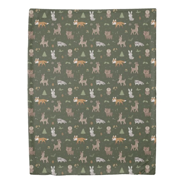 Green Sleepy Little Woodland Critters Duvet Cover (Front)