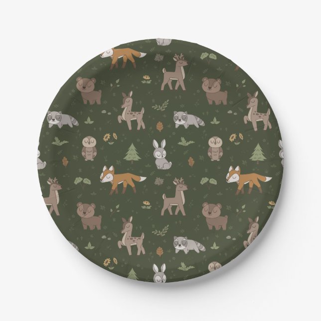 Green Sleepy Little Woodland Critters Paper Plates (Front)