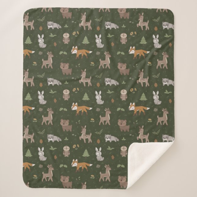 Green Sleepy Little Woodland Critters Sherpa Blanket (Front)