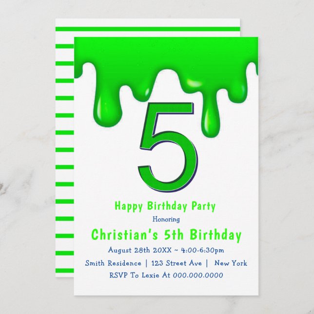 Green Slime 5th Birthday Invitations (Front/Back)