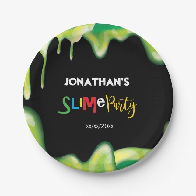 Green slime boys birthday party paper plates (Front)