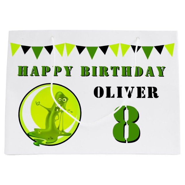 Green Slime Monster Funny Kid`s Birthday Large Gift Bag (Front)