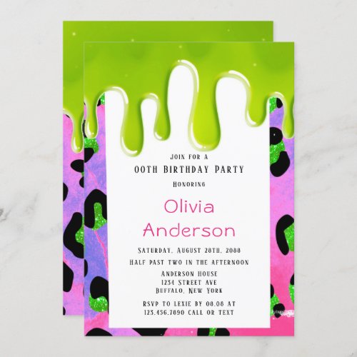 Green Slime Pink Leopard Print 00th Birthday Party Invitation