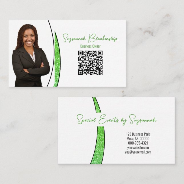 Green Sliver Faux Glitter Photo QR Professional  Business Card (Front/Back)