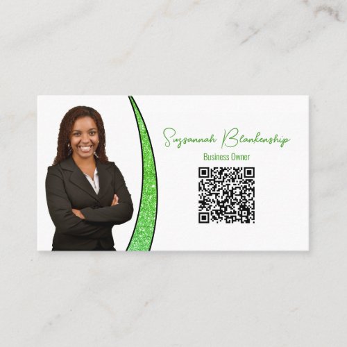 Green Sliver Faux Glitter Photo QR Professional  Business Card