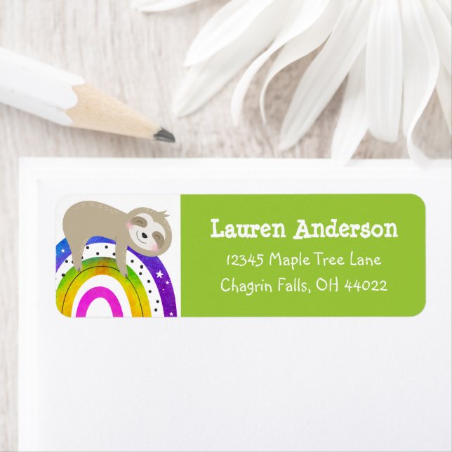Green Sloth Rainbow Boho Kawaii Birthday Address Label (Insitu)