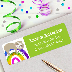 Green Sloth Rainbow Boho Kawaii Birthday Address Label