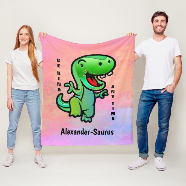 Green Smiling Dinosaur Be Kind Child Personalize Fleece Blanket (In Situ)