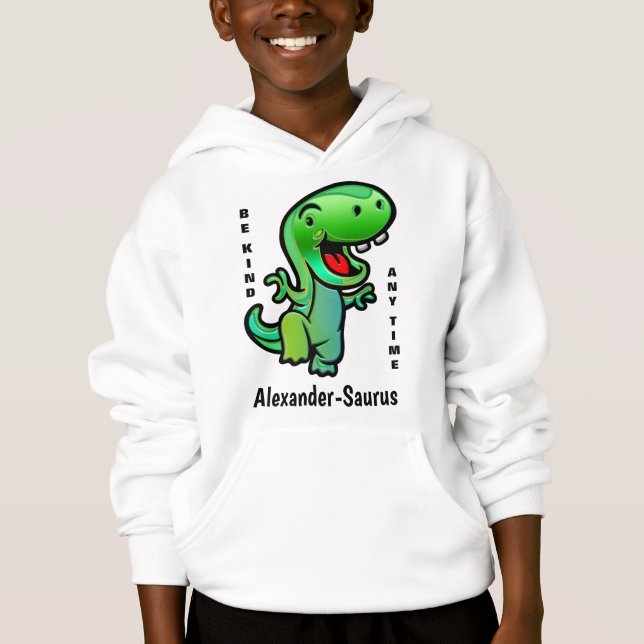 Green Smiling Dinosaur Be Kind Kids Personalize Hoodie (Front)