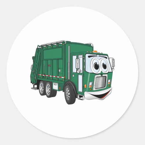 Green Smiling Garbage Truck Cartoon Classic Round Sticker