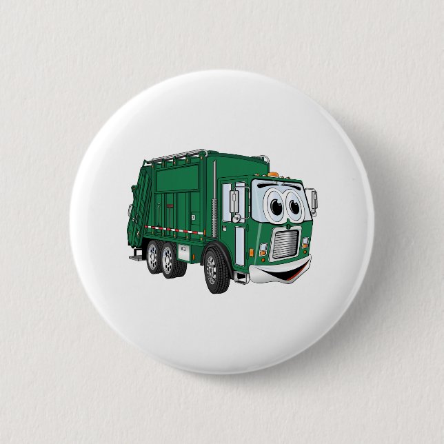 Green Smiling Garbage Truck Cartoon Pinback Button (Front)