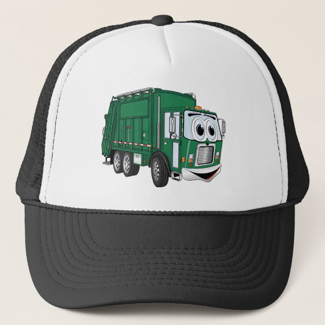 Green Smiling Garbage Truck Cartoon Trucker Hat (Front)
