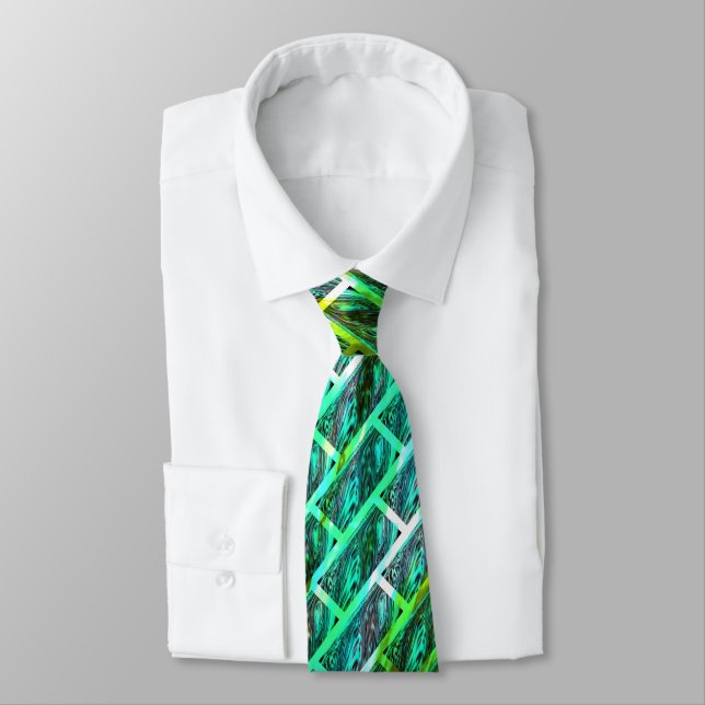 Green smudgy, scratched, grid or different brick? neck tie (Tied)