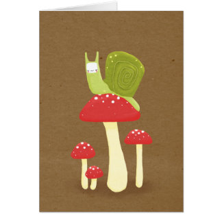 Green snail on red speckled mushrooms cards
