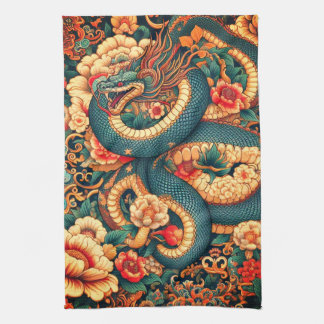 Green snake flowers kitchen towel
