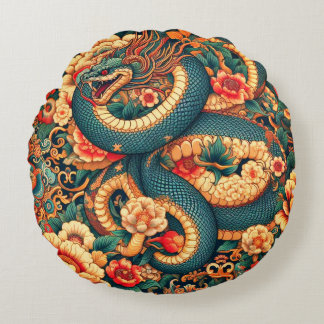 Green snake flowers round pillow