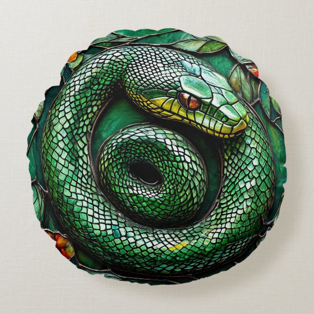 Green Snake Round Pillow (Front)