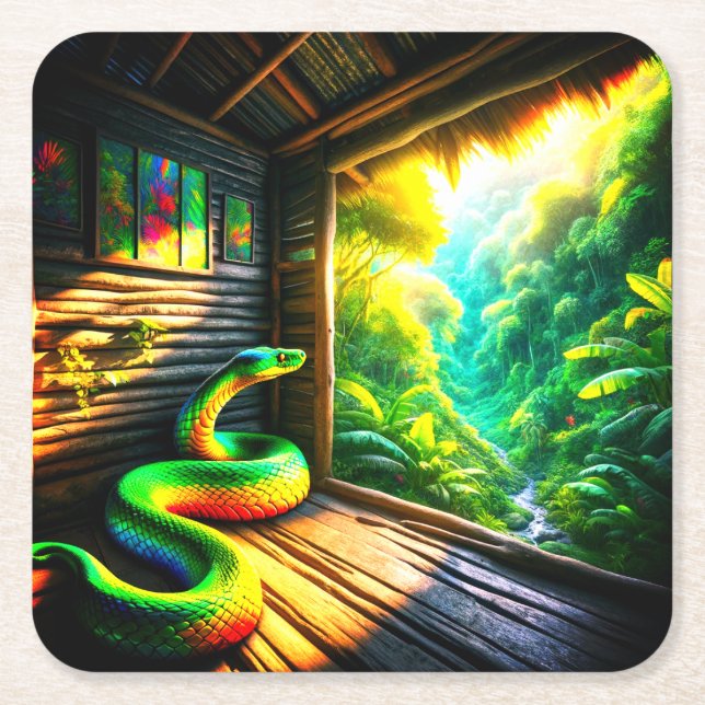 Green Snake Square Paper Coaster (Front)