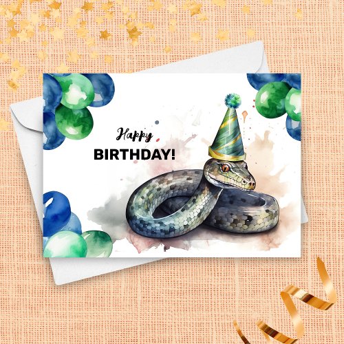 Green Snake with Balloons and Party Hat Birthday Card