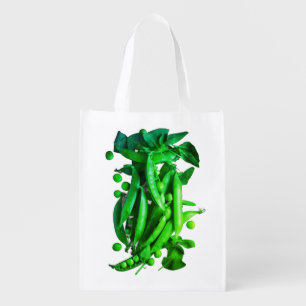 Green Snap Peas in Pods on a Reusable Grocery Bag