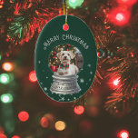 Green Snow Globe Snowflake Photo Ceramic Ornament<br><div class="desc">Adorn your Christmas tree in style with this fully customizable ornament featuring a whimsical snow globe design. The ornament showcases your personal photo in the snow globe, allowing you to capture special memories with family, pets, or friends. The background is a red with a sprinkle of adorable snowflakes, creating a...</div>