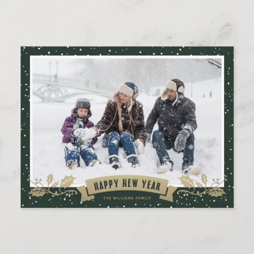 Green Snow Holly Family Photo Happy New Year Holiday Postcard