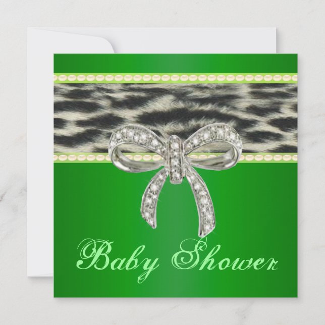 Green Snow Leopard Diamond Bow Baby Shower Invite (Front)