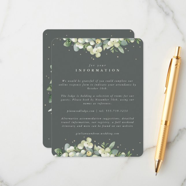 Green Snowberry+Eucalyptus Edged Wedding Details Enclosure Card (Front/Back In Situ)