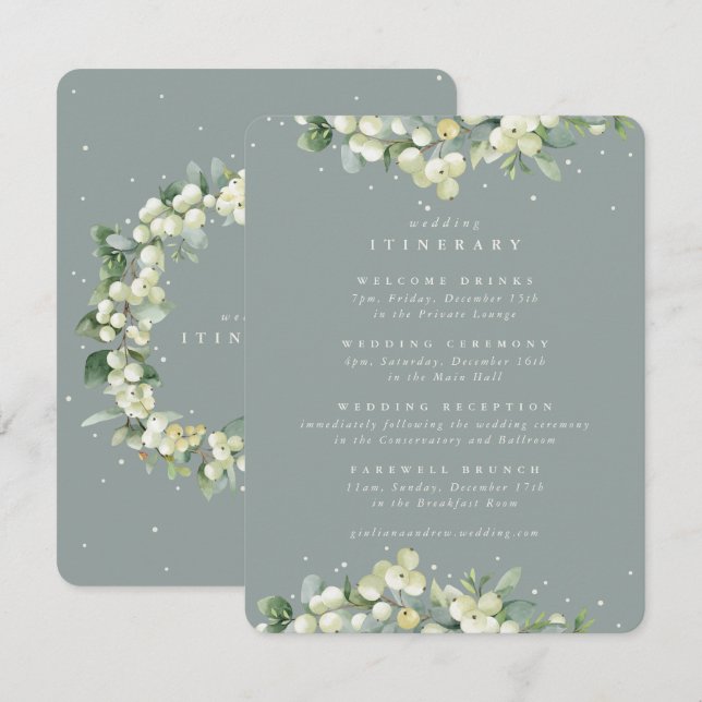 Green Snowberry+Eucalyptus Edged Wedding Itinerary Enclosure Card (Front/Back)