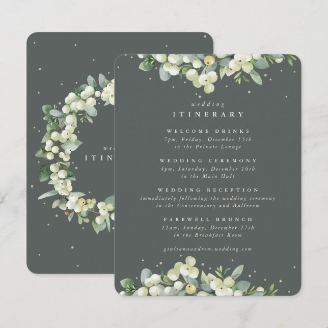 Green Snowberry+Eucalyptus Edged Wedding Itinerary Enclosure Card (Front/Back)