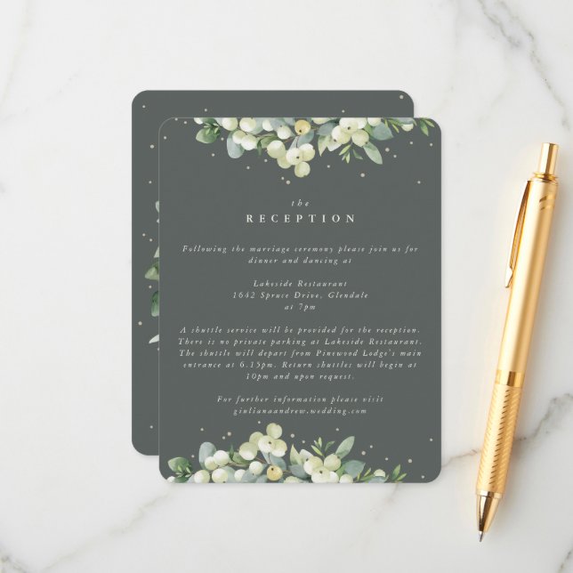 Green Snowberry+Eucalyptus Edged Wedding Reception Enclosure Card (Front/Back In Situ)