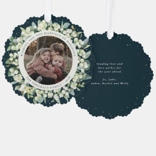 Green Snowberry+Eucalyptus Holiday Wreath Photo Ornament Card