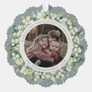Green Snowberry+Eucalyptus Holiday Wreath Photo  Ornament Card