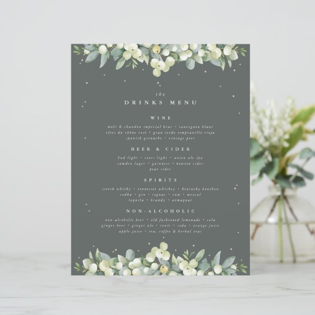 Green Snowberry+Eucalyptus Wedding Drinks Menu (Standing Front)