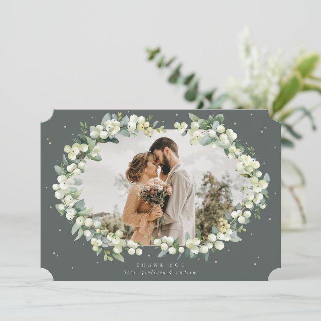 Green Snowberry+Eucalyptus Wedding Flat Photo Thank You Card (Standing Front)