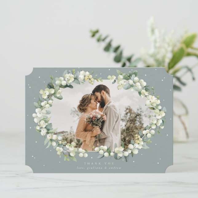 Green Snowberry+Eucalyptus Wedding Flat Photo Thank You Card (Standing Front)