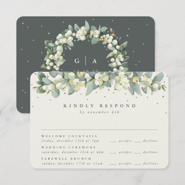 Green Snowberry+Eucalyptus Wedding Multi-Event RSVP Card (Front/Back)