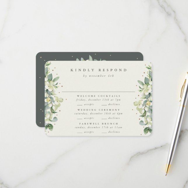 Green Snowberry+Eucalyptus Wedding Multi-Event RSVP Card (Front/Back In Situ)