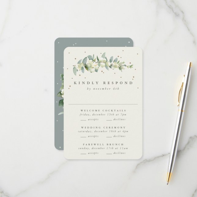 Green Snowberry+Eucalyptus Wedding Multi-Event RSVP Card (Front/Back In Situ)