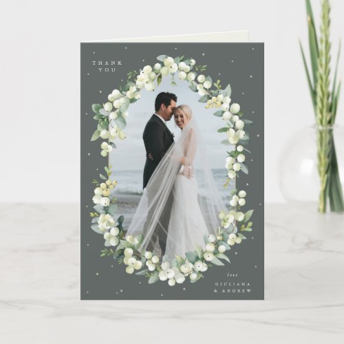 Green SnowberryEucalyptus Wedding Photo Folded Thank You Card