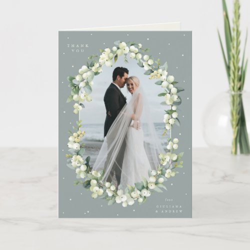 Green SnowberryEucalyptus Wedding Photo Folded Thank You Card